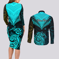 Personalised Aotearoa Couples Matching Long Sleeve Bodycon Dress and Long Sleeve Button Shirts Maori Kiwi Turquoise Fern - Wonder Print Shop
