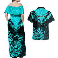 Personalised Aotearoa Couples Matching Off Shoulder Maxi Dress and Hawaiian Shirt Maori Kiwi Turquoise Fern - Wonder Print Shop