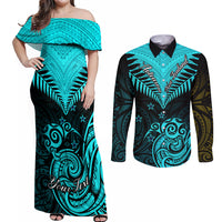 Personalised Aotearoa Couples Matching Off Shoulder Maxi Dress and Long Sleeve Button Shirts Maori Kiwi Turquoise Fern - Wonder Print Shop