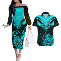 Personalised Aotearoa Couples Matching Off The Shoulder Long Sleeve Dress and Hawaiian Shirt Maori Kiwi Turquoise Fern - Wonder Print Shop