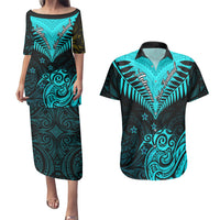 Personalised Aotearoa Couples Matching Puletasi Dress and Hawaiian Shirt Maori Kiwi Turquoise Fern - Wonder Print Shop