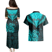 Personalised Aotearoa Couples Matching Puletasi Dress and Hawaiian Shirt Maori Kiwi Turquoise Fern - Wonder Print Shop