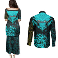 Personalised Aotearoa Couples Matching Puletasi Dress and Long Sleeve Button Shirts Maori Kiwi Turquoise Fern - Wonder Print Shop