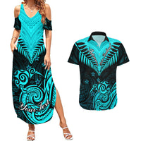 Personalised Aotearoa Couples Matching Summer Maxi Dress and Hawaiian Shirt Maori Kiwi Turquoise Fern - Wonder Print Shop