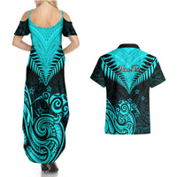 Personalised Aotearoa Couples Matching Summer Maxi Dress and Hawaiian Shirt Maori Kiwi Turquoise Fern - Wonder Print Shop