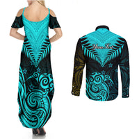 Personalised Aotearoa Couples Matching Summer Maxi Dress and Long Sleeve Button Shirts Maori Kiwi Turquoise Fern - Wonder Print Shop