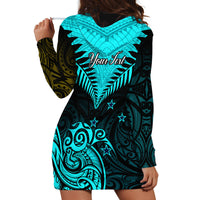 Personalised Aotearoa Hoodie Dress Maori Kiwi Turquoise Fern - Wonder Print Shop