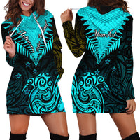 Personalised Aotearoa Hoodie Dress Maori Kiwi Turquoise Fern - Wonder Print Shop