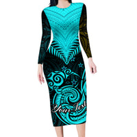 Personalised Aotearoa Long Sleeve Bodycon Dress Maori Kiwi Turquoise Fern - Wonder Print Shop