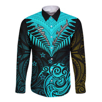Personalised Aotearoa Long Sleeve Button Shirt Maori Kiwi Turquoise Fern - Wonder Print Shop