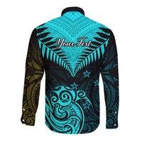 Personalised Aotearoa Long Sleeve Button Shirt Maori Kiwi Turquoise Fern - Wonder Print Shop
