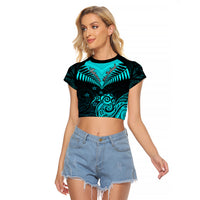 Personalised Aotearoa Raglan Cropped T Shirt Maori Kiwi Turquoise Fern - Wonder Print Shop