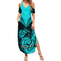 Personalised Aotearoa Summer Maxi Dress Maori Kiwi Turquoise Fern - Wonder Print Shop