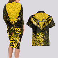 Personalised Aotearoa Couples Matching Long Sleeve Bodycon Dress and Hawaiian Shirt Maori Kiwi Yellow Fern - Wonder Print Shop