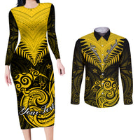 Personalised Aotearoa Couples Matching Long Sleeve Bodycon Dress and Long Sleeve Button Shirts Maori Kiwi Yellow Fern - Wonder Print Shop