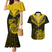 Personalised Aotearoa Couples Matching Mermaid Dress And Hawaiian Shirt Maori Kiwi Yellow Fern - Wonder Print Shop