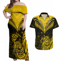 Personalised Aotearoa Couples Matching Off Shoulder Maxi Dress and Hawaiian Shirt Maori Kiwi Yellow Fern - Wonder Print Shop