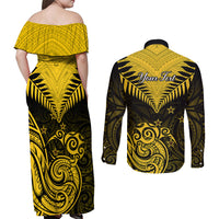 Personalised Aotearoa Couples Matching Off Shoulder Maxi Dress and Long Sleeve Button Shirts Maori Kiwi Yellow Fern - Wonder Print Shop