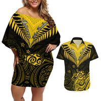 Personalised Aotearoa Couples Matching Off Shoulder Short Dress and Hawaiian Shirt Maori Kiwi Yellow Fern - Wonder Print Shop