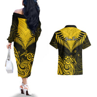 Personalised Aotearoa Couples Matching Off The Shoulder Long Sleeve Dress and Hawaiian Shirt Maori Kiwi Yellow Fern - Wonder Print Shop