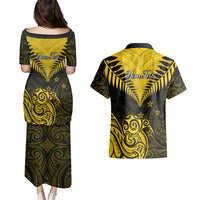 Personalised Aotearoa Couples Matching Puletasi Dress and Hawaiian Shirt Maori Kiwi Yellow Fern - Wonder Print Shop