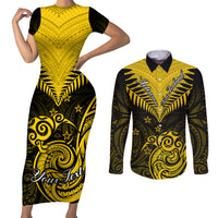 Personalised Aotearoa Couples Matching Short Sleeve Bodycon Dress and Long Sleeve Button Shirts Maori Kiwi Yellow Fern - Wonder Print Shop