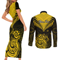 Personalised Aotearoa Couples Matching Short Sleeve Bodycon Dress and Long Sleeve Button Shirts Maori Kiwi Yellow Fern - Wonder Print Shop