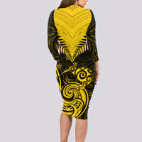 Personalised Aotearoa Long Sleeve Bodycon Dress Maori Kiwi Yellow Fern - Wonder Print Shop