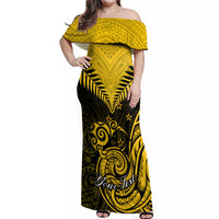 Personalised Aotearoa Off Shoulder Maxi Dress Maori Kiwi Yellow Fern - Wonder Print Shop