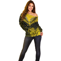 Personalised Aotearoa Off Shoulder Sweater Maori Kiwi Yellow Fern - Wonder Print Shop