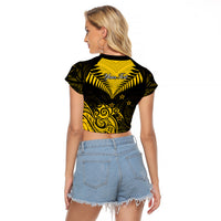Personalised Aotearoa Raglan Cropped T Shirt Maori Kiwi Yellow Fern - Wonder Print Shop