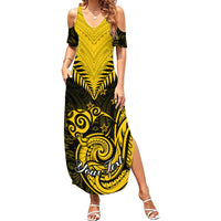 Personalised Aotearoa Summer Maxi Dress Maori Kiwi Yellow Fern - Wonder Print Shop