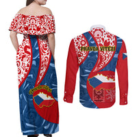 Czech Republic Independence Day Couples Matching Off Shoulder Maxi Dress and Long Sleeve Button Shirts Czechia Coat Of Arms Embroidery Motif - Wonder Print Shop