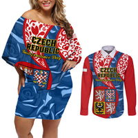Czech Republic Independence Day Couples Matching Off Shoulder Short Dress and Long Sleeve Button Shirts Czechia Coat Of Arms Embroidery Motif - Wonder Print Shop