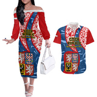 Czech Republic Independence Day Couples Matching Off The Shoulder Long Sleeve Dress and Hawaiian Shirt Czechia Coat Of Arms Embroidery Motif - Wonder Print Shop
