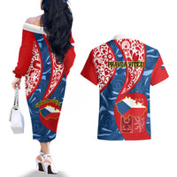 Czech Republic Independence Day Couples Matching Off The Shoulder Long Sleeve Dress and Hawaiian Shirt Czechia Coat Of Arms Embroidery Motif - Wonder Print Shop