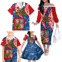 Czech Republic Independence Day Family Matching Off Shoulder Long Sleeve Dress and Hawaiian Shirt Czechia Coat Of Arms Embroidery Motif - Wonder Print Shop