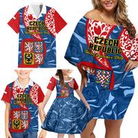 Czech Republic Independence Day Family Matching Off Shoulder Short Dress and Hawaiian Shirt Czechia Coat Of Arms Embroidery Motif - Wonder Print Shop