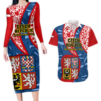 Personalised Czech Republic Independence Day Couples Matching Long Sleeve Bodycon Dress and Hawaiian Shirt Czechia Coat Of Arms Embroidery Motif - Wonder Print Shop
