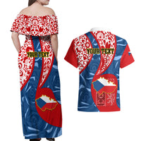 Personalised Czech Republic Independence Day Couples Matching Off Shoulder Maxi Dress and Hawaiian Shirt Czechia Coat Of Arms Embroidery Motif - Wonder Print Shop