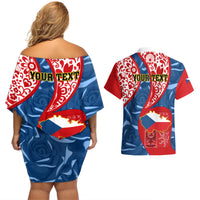 Personalised Czech Republic Independence Day Couples Matching Off Shoulder Short Dress and Hawaiian Shirt Czechia Coat Of Arms Embroidery Motif - Wonder Print Shop