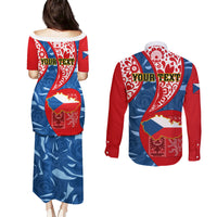 Personalised Czech Republic Independence Day Couples Matching Puletasi Dress and Long Sleeve Button Shirts Czechia Coat Of Arms Embroidery Motif - Wonder Print Shop