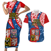 Personalised Czech Republic Independence Day Couples Matching Short Sleeve Bodycon Dress and Hawaiian Shirt Czechia Coat Of Arms Embroidery Motif - Wonder Print Shop