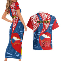 Personalised Czech Republic Independence Day Couples Matching Short Sleeve Bodycon Dress and Hawaiian Shirt Czechia Coat Of Arms Embroidery Motif - Wonder Print Shop