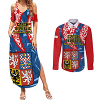 Personalised Czech Republic Independence Day Couples Matching Summer Maxi Dress and Long Sleeve Button Shirts Czechia Coat Of Arms Embroidery Motif - Wonder Print Shop