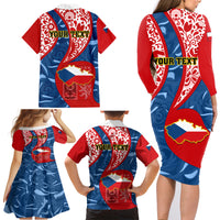 Personalised Czech Republic Independence Day Family Matching Long Sleeve Bodycon Dress and Hawaiian Shirt Czechia Coat Of Arms Embroidery Motif - Wonder Print Shop