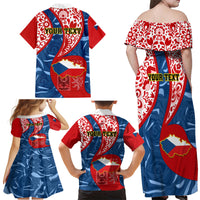 Personalised Czech Republic Independence Day Family Matching Off Shoulder Maxi Dress and Hawaiian Shirt Czechia Coat Of Arms Embroidery Motif - Wonder Print Shop