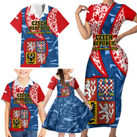 Personalised Czech Republic Independence Day Family Matching Short Sleeve Bodycon Dress and Hawaiian Shirt Czechia Coat Of Arms Embroidery Motif - Wonder Print Shop