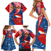 Personalised Czech Republic Independence Day Family Matching Short Sleeve Bodycon Dress and Hawaiian Shirt Czechia Coat Of Arms Embroidery Motif - Wonder Print Shop