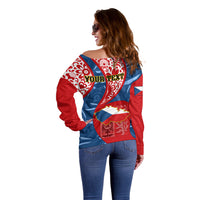 Personalised Czech Republic Independence Day Off Shoulder Sweater Czechia Coat Of Arms Embroidery Motif - Wonder Print Shop